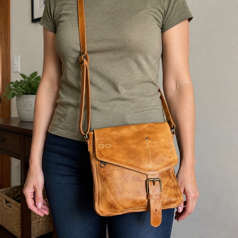 Bed Stu Tan Venice Leather Distressed Crossbody Messenger Bag
